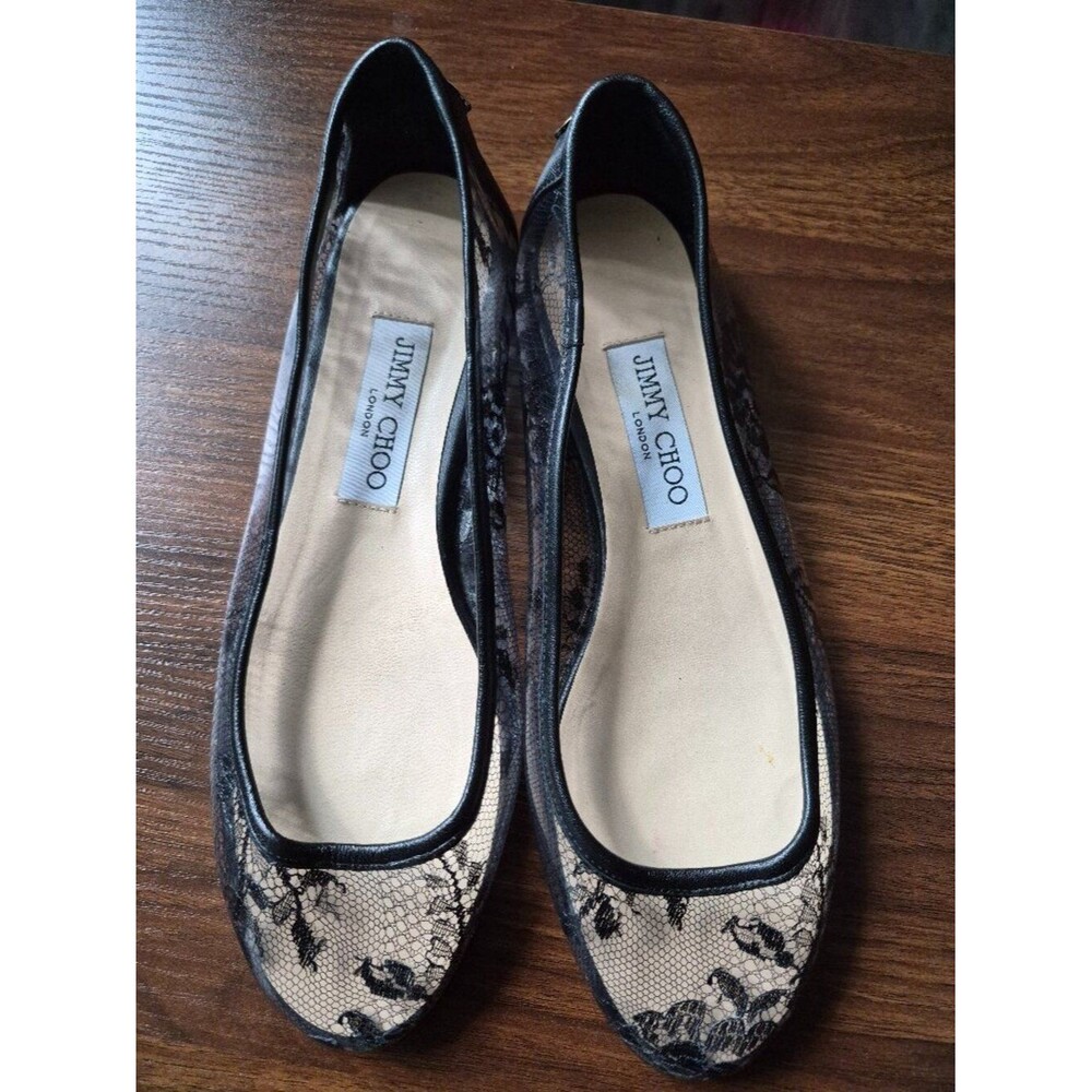 Jimmy Choo Black Lace Waltz Mesh Almond Ballet Flats Size 38 US 8 Sole Protector